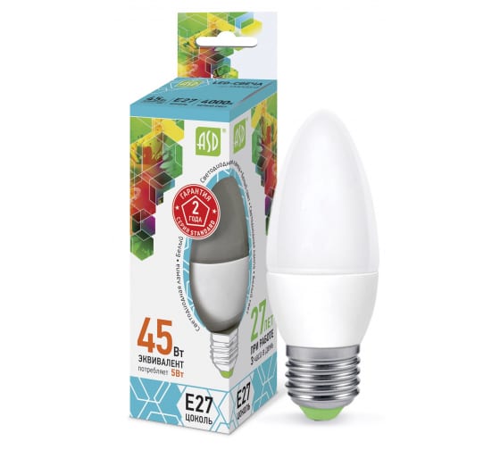 картинка Лампа светодиодная ASD standard Свеча C37 E27  5W(450lm) 4000К 107x37 пластик/ от магазина Визит